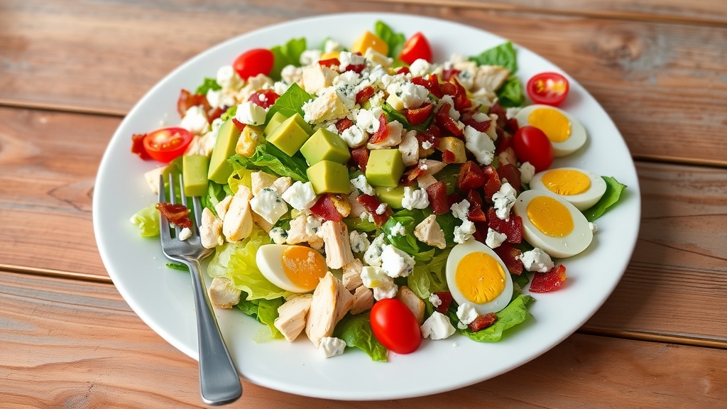 Classic Cobb Salad Recipe A vibrant Cobb Salad with chicken, bacon, avocado, eggs, and blue cheese on a wooden table.